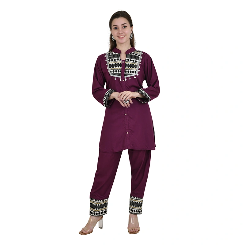 Female model in wine embroidered kurta with matching pants - ethnic wear ecommerce photography by Lohar Studio Delhi
